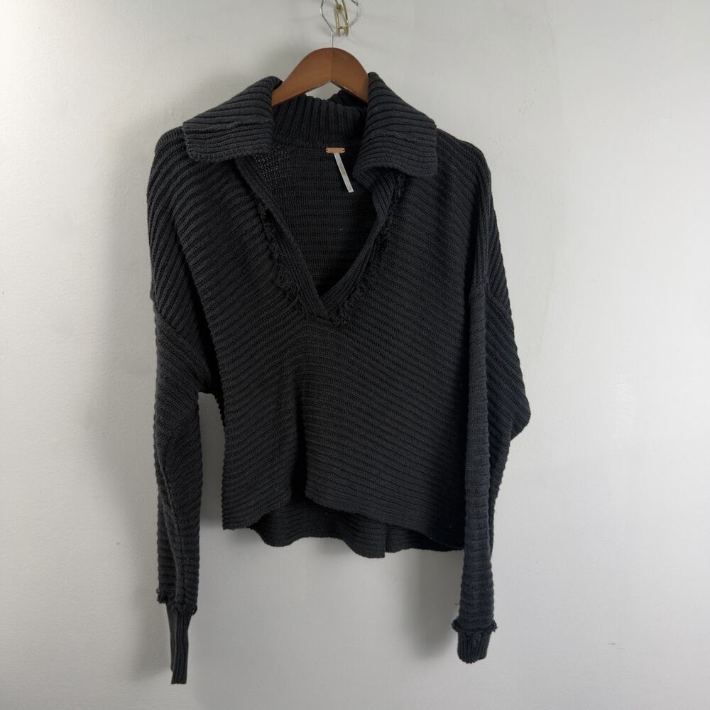 Free People Marlie Deep V Ribbed Sweater Black Size Woman's XSmall